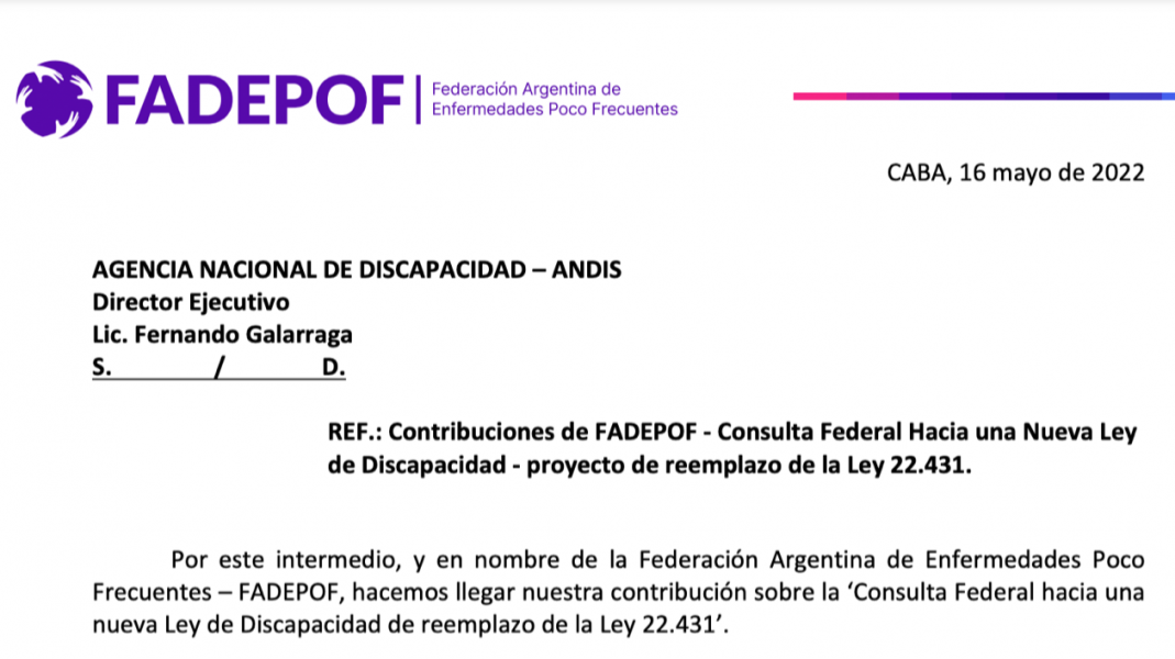 Contribuciones de FADEPOF - Consulta Federal Hacia una Nueva Ley de Discapacidad - proyecto de reemplazo de la Ley 22.431
